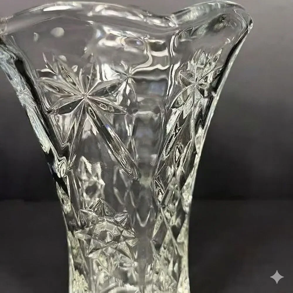 Vintage Heavy Cut Crystal Trumpet Vase Hexagon Starburst Base Scalloped Rim - Picture 2 of 5
